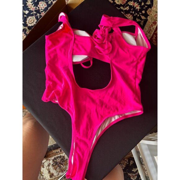 Neon Pink Cross Halter Cutout One-Piece Swimsuit Monokini Sexy High Cut Thong Bo - Picture 4 of 4